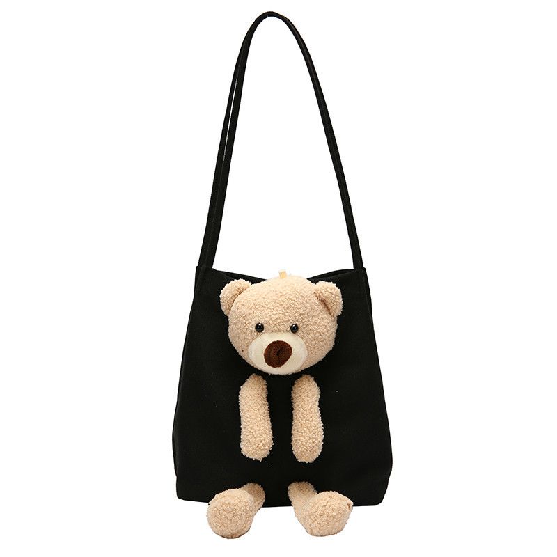 Women's Bags Shoulder Bags Bear Bag New Trendy Fashion Canvas Bag Shoulder Tote Bag Student Handbag Shoulder Bag Black