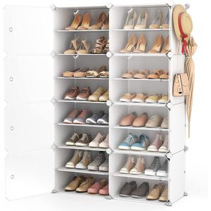 【NEW】MODERN RAGENHOOD Plastic Shoe Rack Organizer Shoe Storage Cabinet 16Tiers 32 Pair Portable Shoe Storage Plastic Black Shoe Shelf with Hooks Shoe