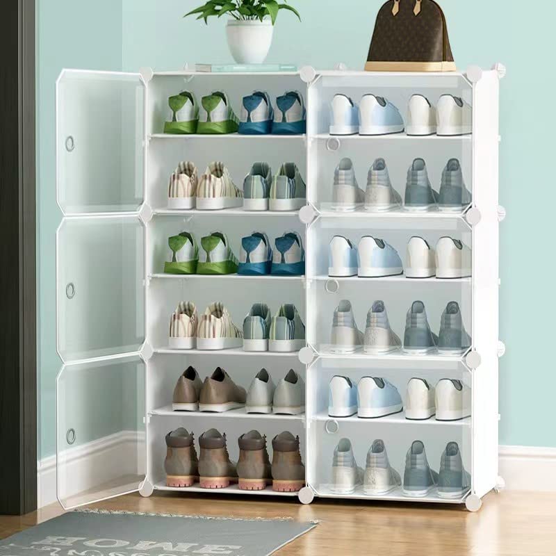 【NEW】MODERN RAGENHOOD Plastic Shoe Rack Organizer Shoe Storage Cabinet 16Tiers 32 Pair Portable Shoe Storage Plastic Black Shoe Shelf with Hooks Shoe