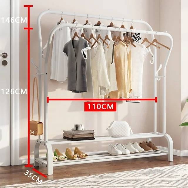 Curved Classic Multipurpose Double Garment Rack Heavy Duty Metal Cloth Rail with 2 Bottom Shelf Coat Jacket Hanging Hanger Shoe Stand for Home, Hotel, Shop Wardrobe Space Organizer