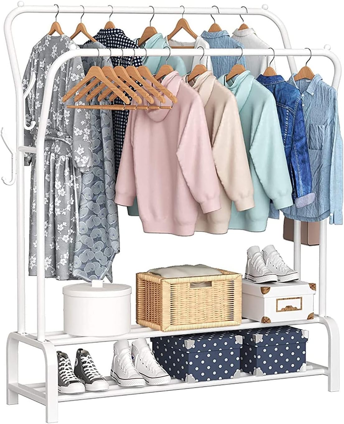 Curved Classic Multipurpose Double Garment Rack Heavy Duty Metal Cloth Rail with 2 Bottom Shelf Coat Jacket Hanging Hanger Shoe Stand for Home, Hotel, Shop Wardrobe Space Organizer