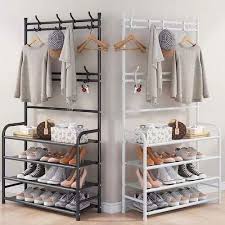 RS 4Tier Entryway Coat Rack, Shoe Rack for Entryway, Coat Rack Freestanding with 4-Tier Storage Shelves and 8 Double Hooks, for Living Room, Bathroom, Hallway,