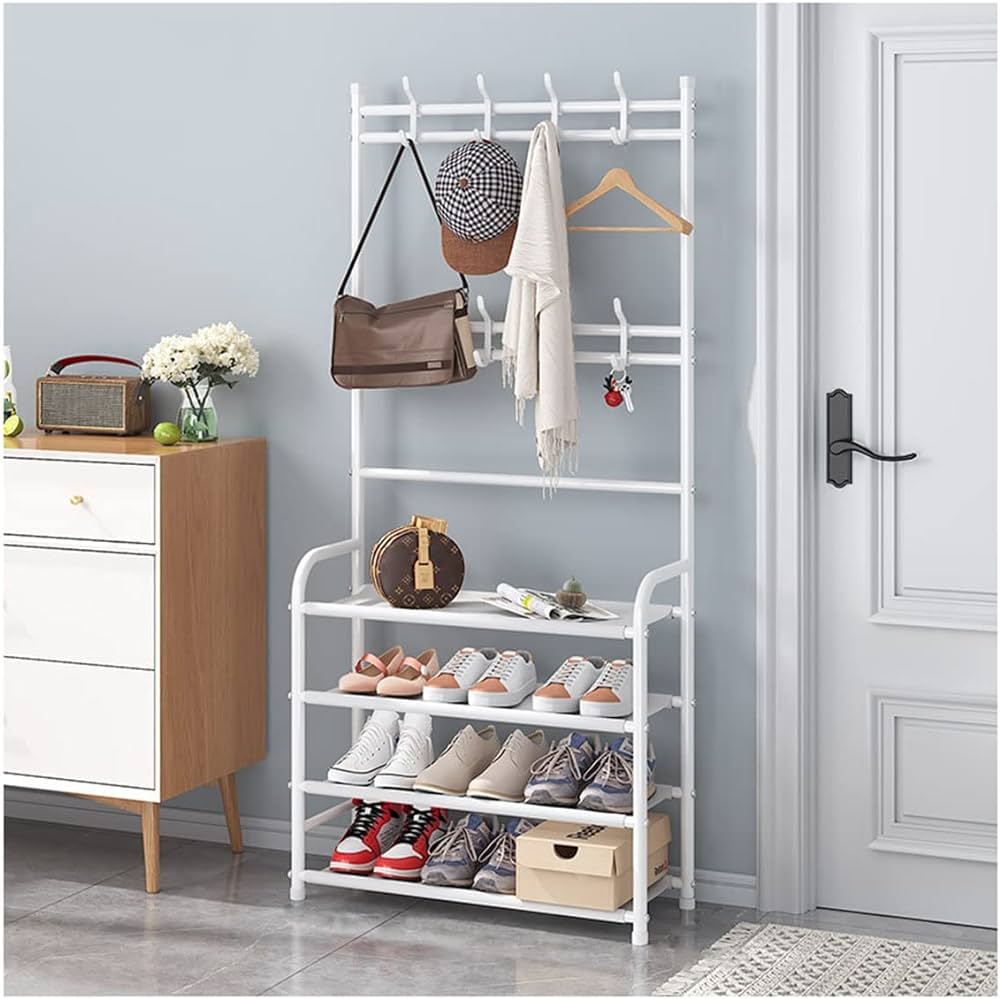 RS 4Tier Entryway Coat Rack, Shoe Rack for Entryway, Coat Rack Freestanding with 4-Tier Storage Shelves and 8 Double Hooks, for Living Room, Bathroom, Hallway,