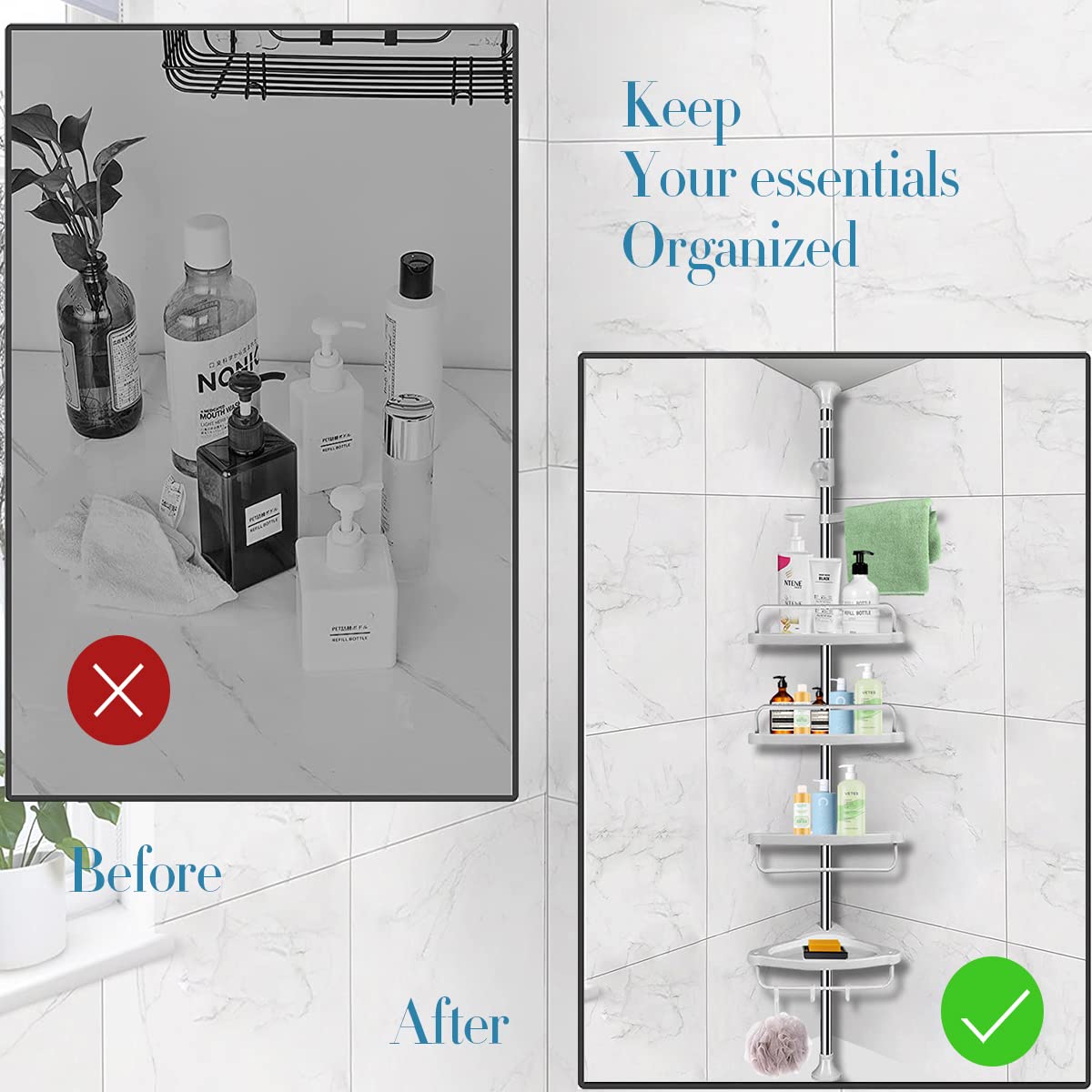 4 Layer Adjustable Rustproof Stainless Steel Bathroom Shower Organizer Bathtub Storage Holder Rack  Shelves Hooks Rustproof Metal Rod For Storage Organizer Floor to Ceiling Extendable Height (Corner S