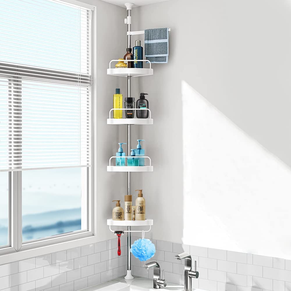 4 Layer Adjustable Rustproof Stainless Steel Bathroom Shower Organizer Bathtub Storage Holder Rack  Shelves Hooks Rustproof Metal Rod For Storage Organizer Floor to Ceiling Extendable Height (Corner S