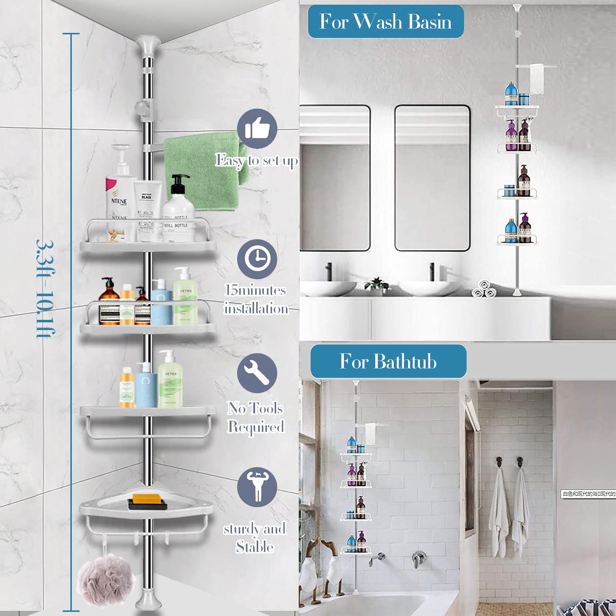 4 Layer Adjustable Rustproof Stainless Steel Bathroom Shower Organizer Bathtub Storage Holder Rack  Shelves Hooks Rustproof Metal Rod For Storage Organizer Floor to Ceiling Extendable Height (Corner S