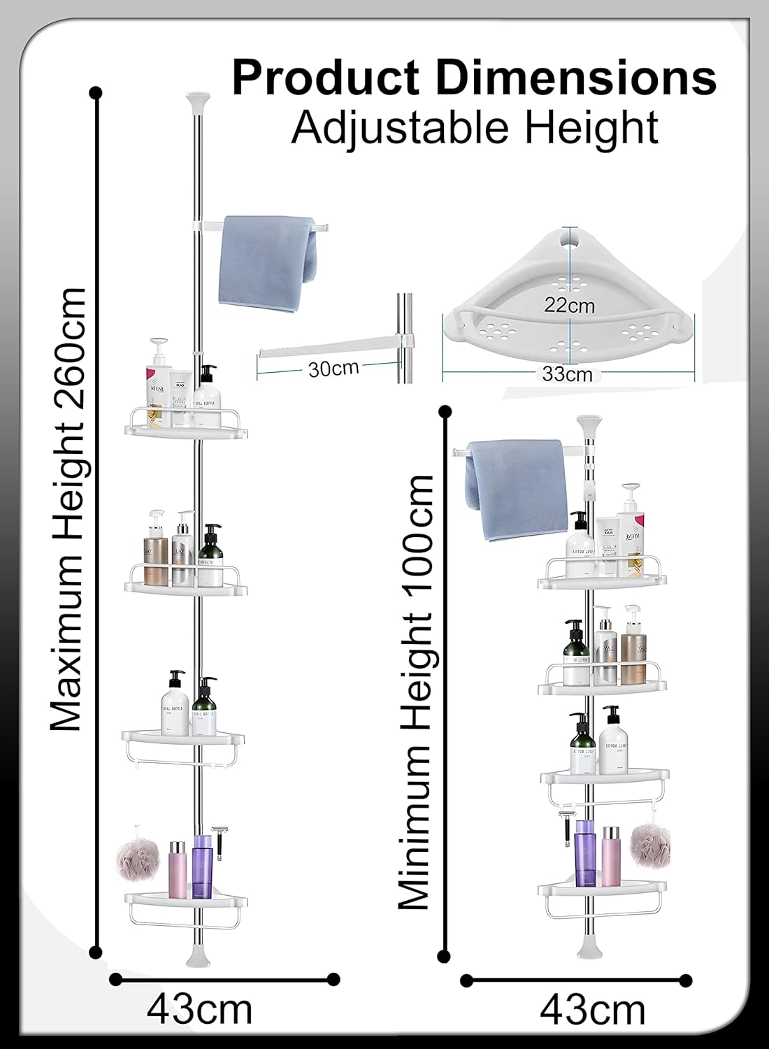 4 Layer Adjustable Rustproof Stainless Steel Bathroom Shower Organizer Bathtub Storage Holder Rack  Shelves Hooks Rustproof Metal Rod For Storage Organizer Floor to Ceiling Extendable Height (Corner S