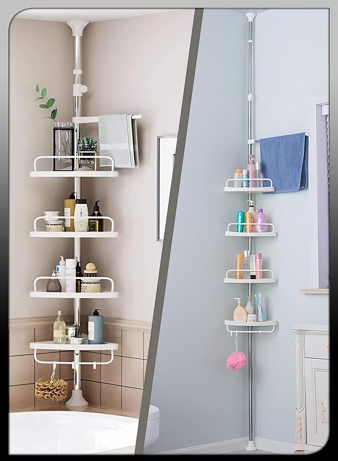 4 Layer Adjustable Rustproof Stainless Steel Bathroom Shower Organizer Bathtub Storage Holder Rack  Shelves Hooks Rustproof Metal Rod For Storage Organizer Floor to Ceiling Extendable Height (Corner S
