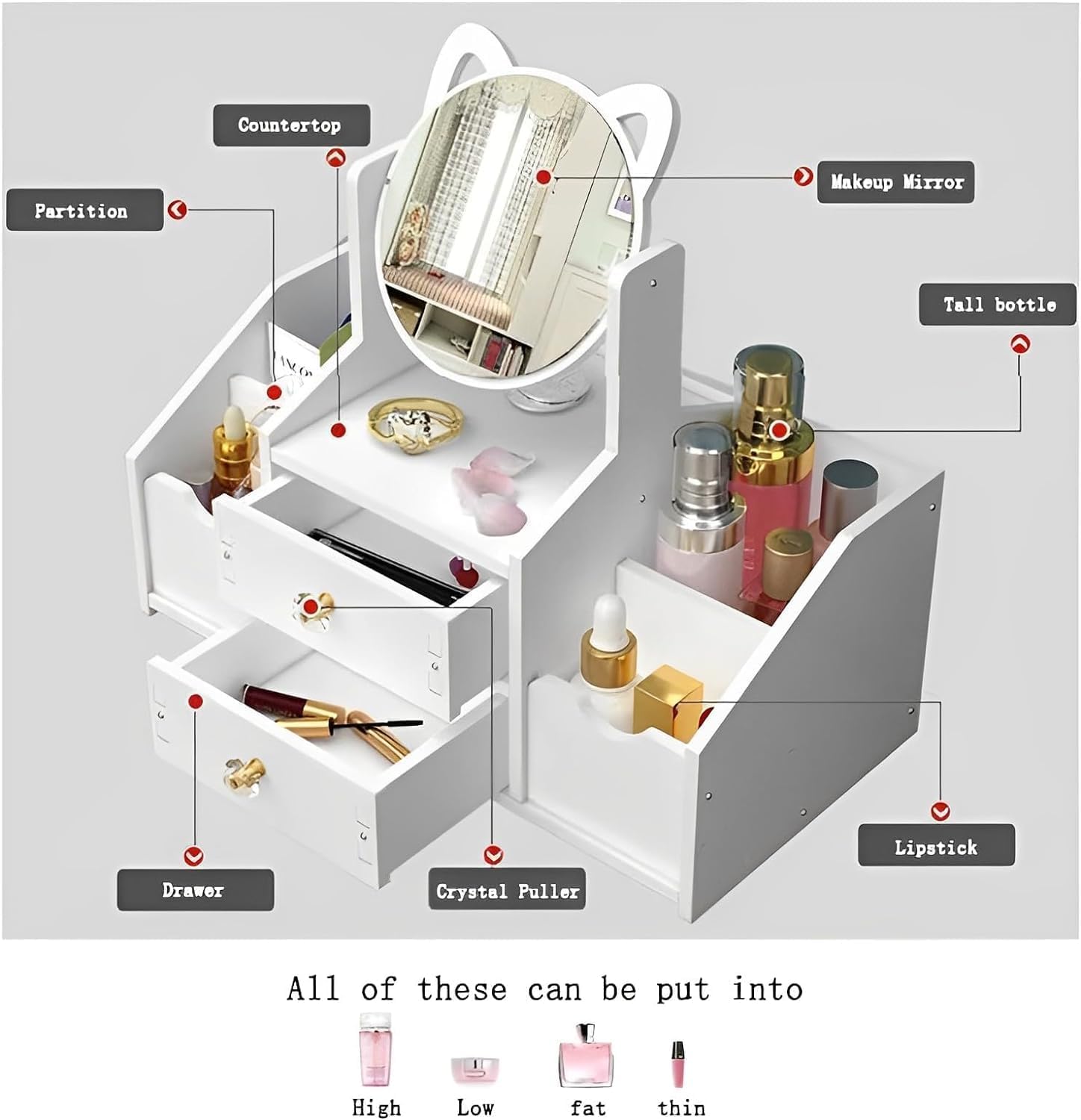 Ragen Makeup Organizer with Mirror for Vanity, Multifunctional Cosmetics Organizers and Storage for Skincare, Brushes, Eyeshadow, Lotions, Lipstick, Nail.
