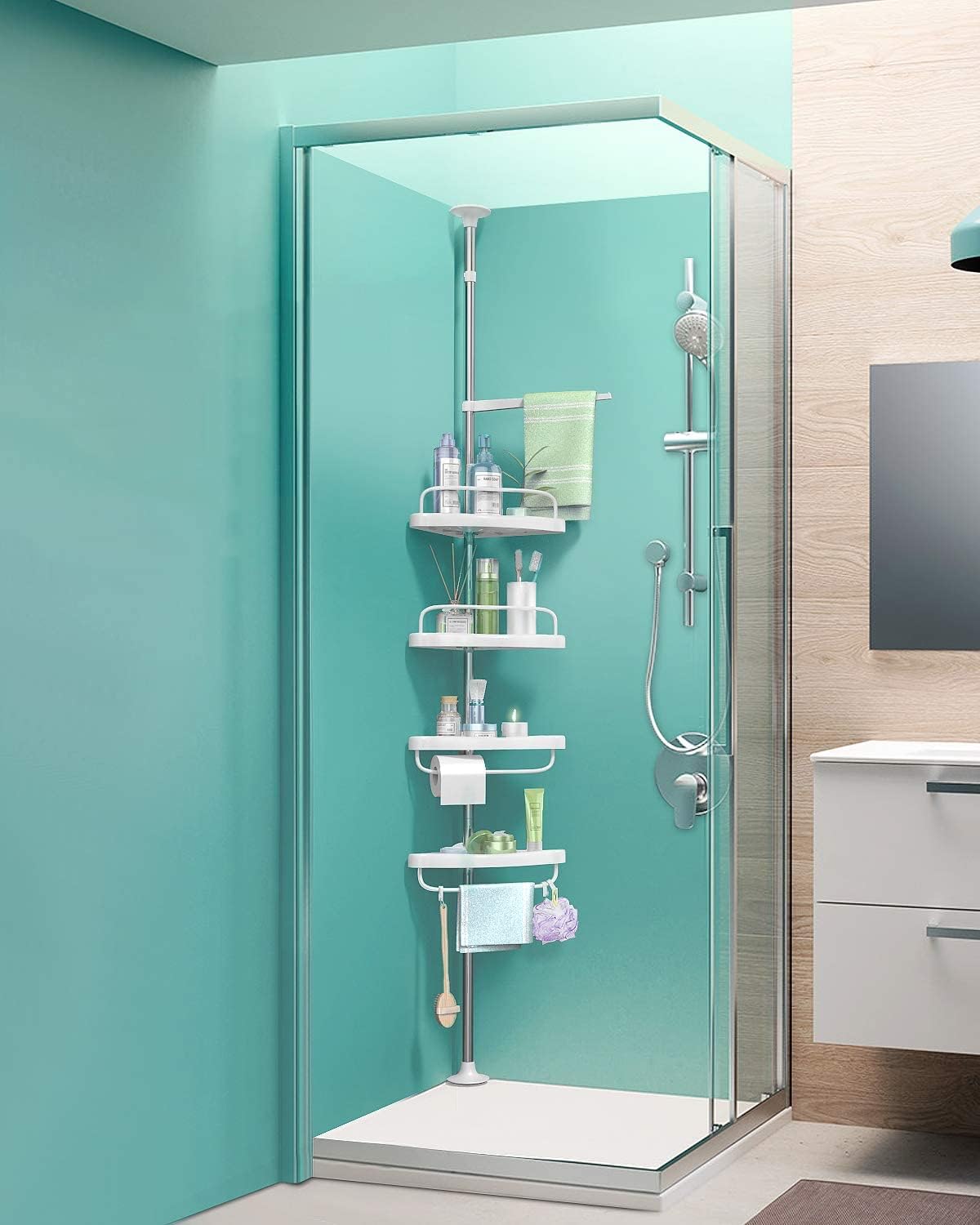 4 Layer Adjustable Rustproof Stainless Steel Bathroom Shower Organizer Bathtub Storage Holder Rack  Shelves Hooks Rustproof Metal Rod For Storage Organizer Floor to Ceiling Extendable Height (Corner S