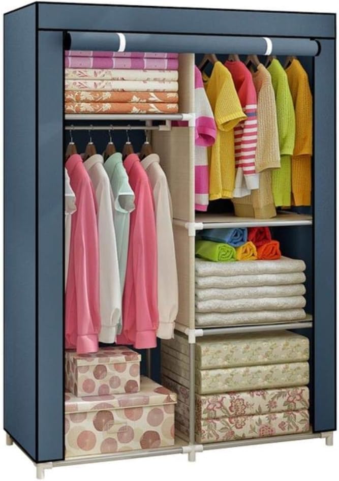 【HOT SALE】2 Columns Wardrobe Closet Clothes Storage Organization Metallic Organizer Non-Woven Fabric Cover with 6 Storage Shelves 2 Hanging Sections