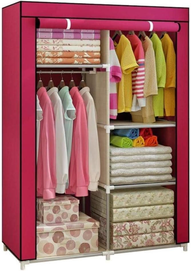 【HOT SALE】2 Columns Wardrobe Closet Clothes Storage Organization Metallic Organizer Non-Woven Fabric Cover with 6 Storage Shelves 2 Hanging Sections