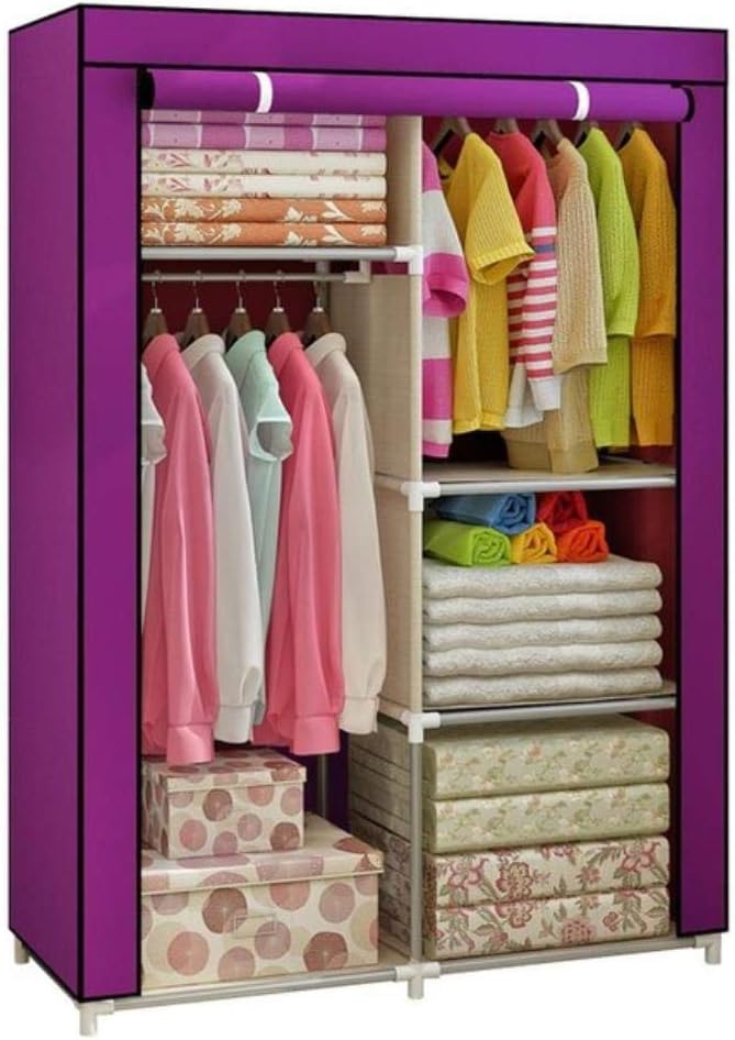 【HOT SALE】2 Columns Wardrobe Closet Clothes Storage Organization Metallic Organizer Non-Woven Fabric Cover with 6 Storage Shelves 2 Hanging Sections