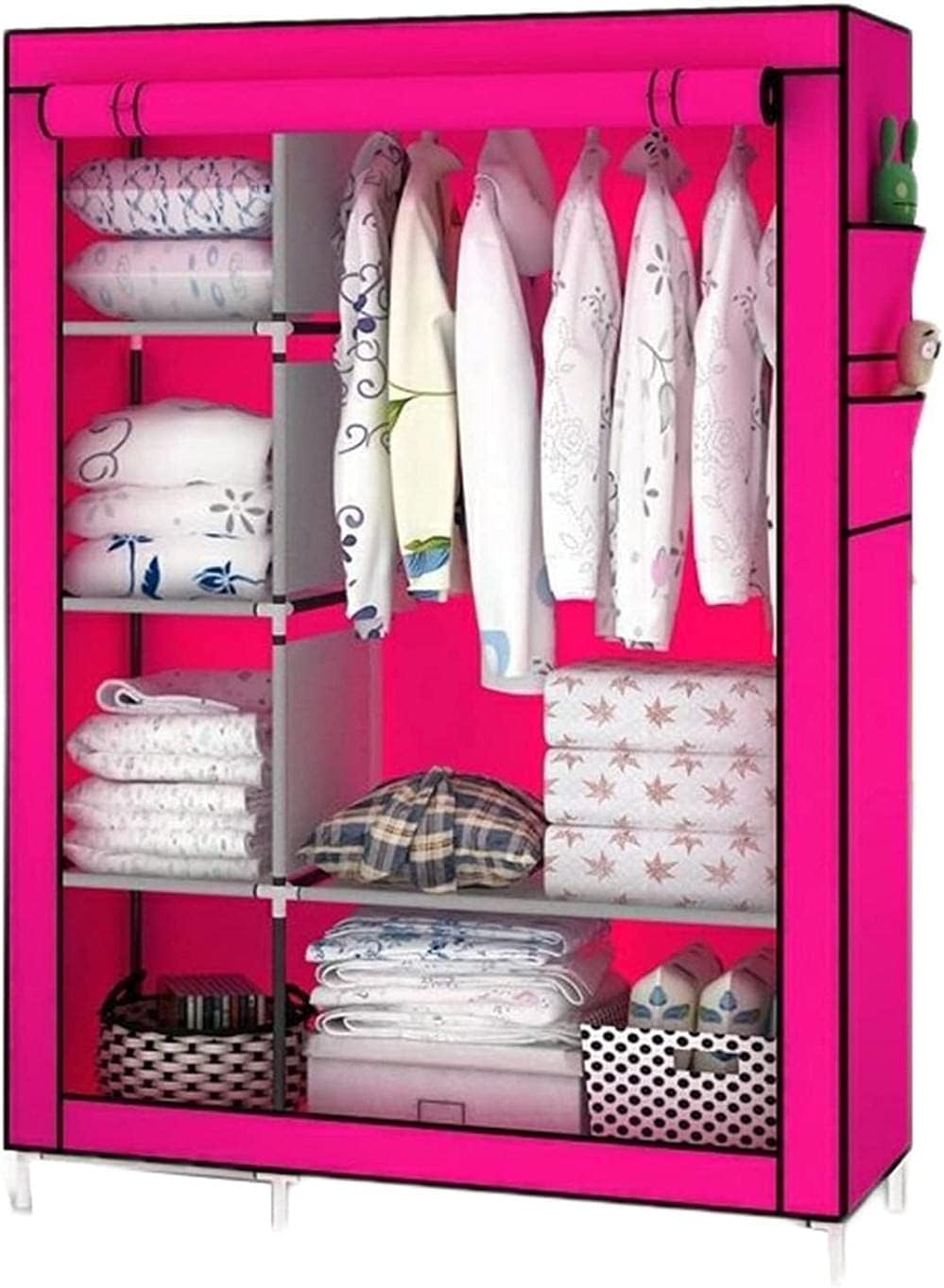 【HOT SALE】2 Columns Wardrobe Closet Clothes Storage Organization Metallic Organizer Non-Woven Fabric Cover with 6 Storage Shelves 2 Hanging Sections