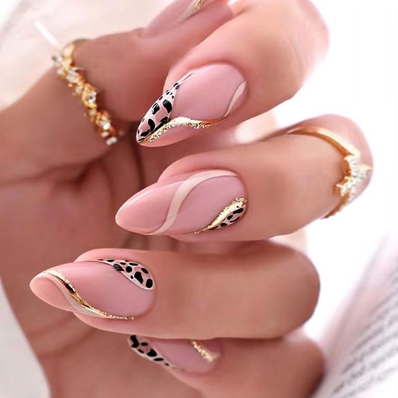 Leopard print French hottie Ins wind almond Jia Tian Cool stripes yyds temperament Nail enhancement tablets Wearing armor