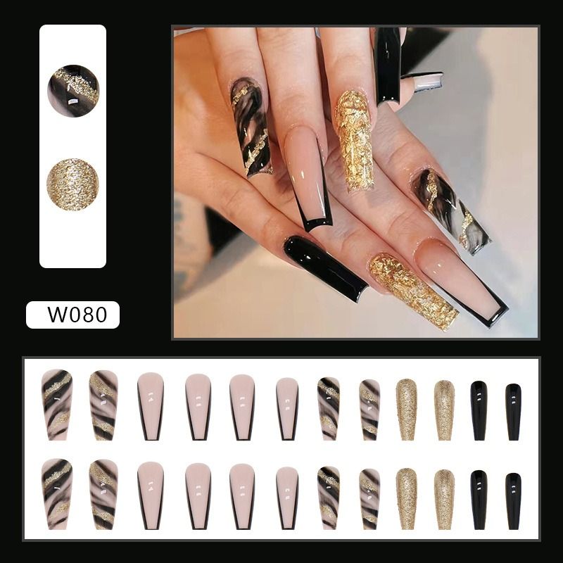Nail enhancement Wearing armor Shiny Black gold atmosphere Europe and America Nail patches Wearing armor view 5