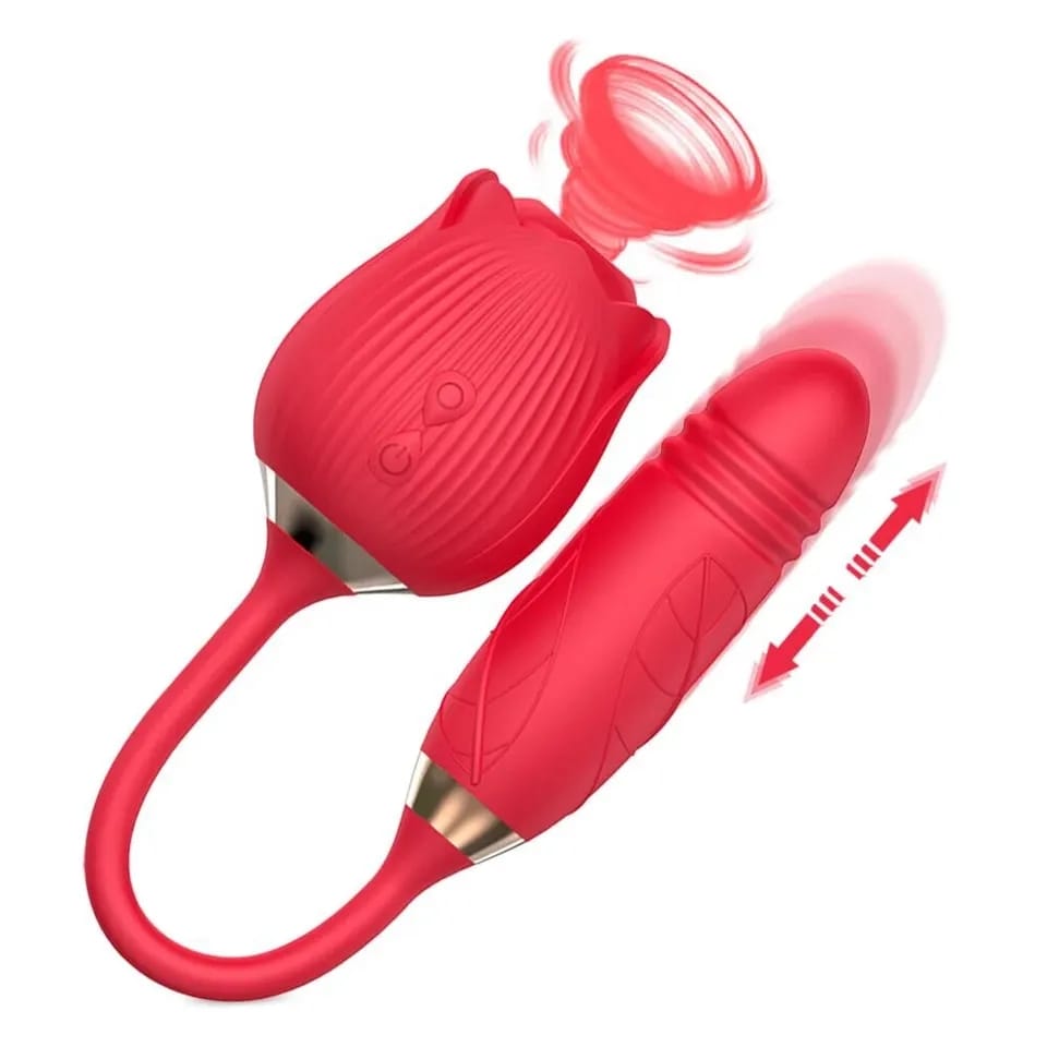 2 in 1 Rose for clitorial stimulation PLUS thrusting dildo on the other end to hit the gspot at the same time