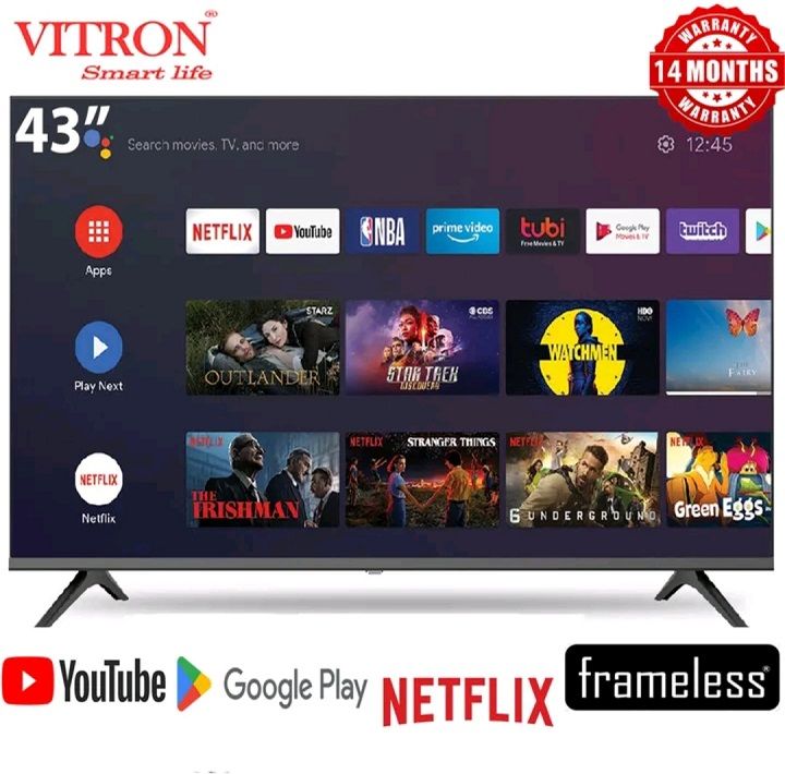 VITRON43" HTC4300QFS, VITRON 43" INCH BLUETOOTH ENABLED, FRAMELESS ,FULL HD, SMART TV ANDROID TV NETFLIX,YOUTUBE 43 INCHES,WIFI, APPSTORE 1GB-RAM 8GB-ROM 2*USB PORTS,3*HDMI PORTS+ 3 EXTRA FREE GIFTS