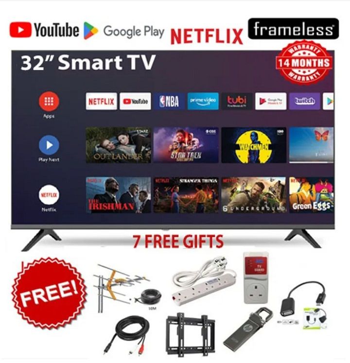 CTC 32" Inches Frameless Bluetooth Enabled Smart Android  TV, Netflix, Inbuilt Decoder Youtube Television Connect Inbuilt WIFI,APP STORE  Smart Digital TV+ 7 FREE GIFTS