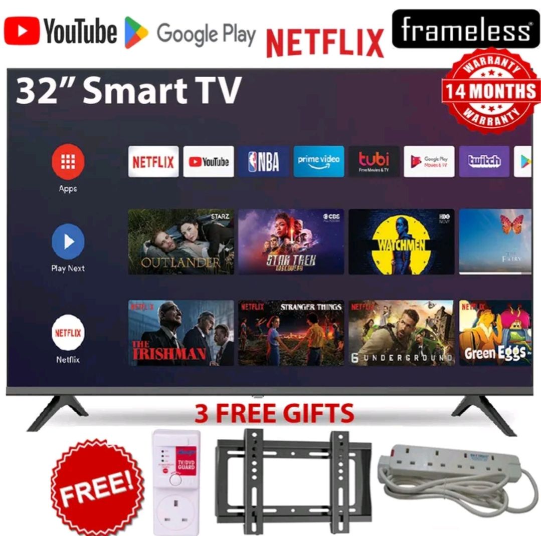 Vitron HTC3200S,FRAMELESS BLUETOOTH TV 32 Inch Smart Android TV Inbuilt Decoder HDMI,USB,Netflix,Youtube, Google Playstore 14 Months Warranty+ FREE TV Guard+Bracket+Extension