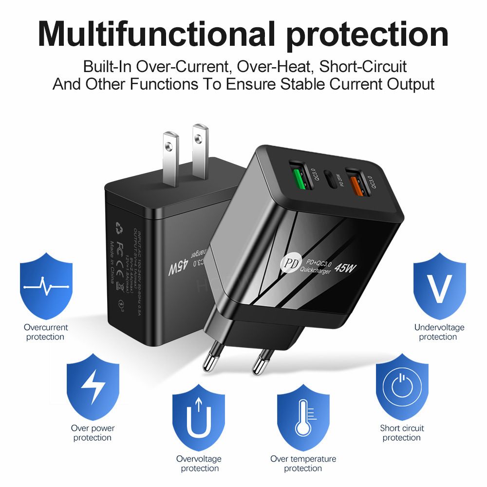 UK Plug Max 45W Universal Fast Charger with 3-Port Smart Shunt QC3.0+PD25W Smart Charging Universal 100-240V Voltage 6 Protections Overload Protection for Phone/Laptop/Tablet
