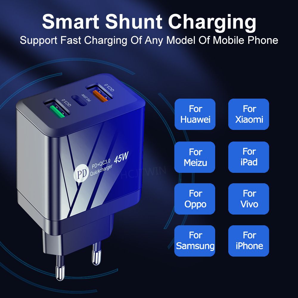 UK Plug Max 45W Universal Fast Charger with 3-Port Smart Shunt QC3.0+PD25W Smart Charging Universal 100-240V Voltage 6 Protections Overload Protection for Phone/Laptop/Tablet