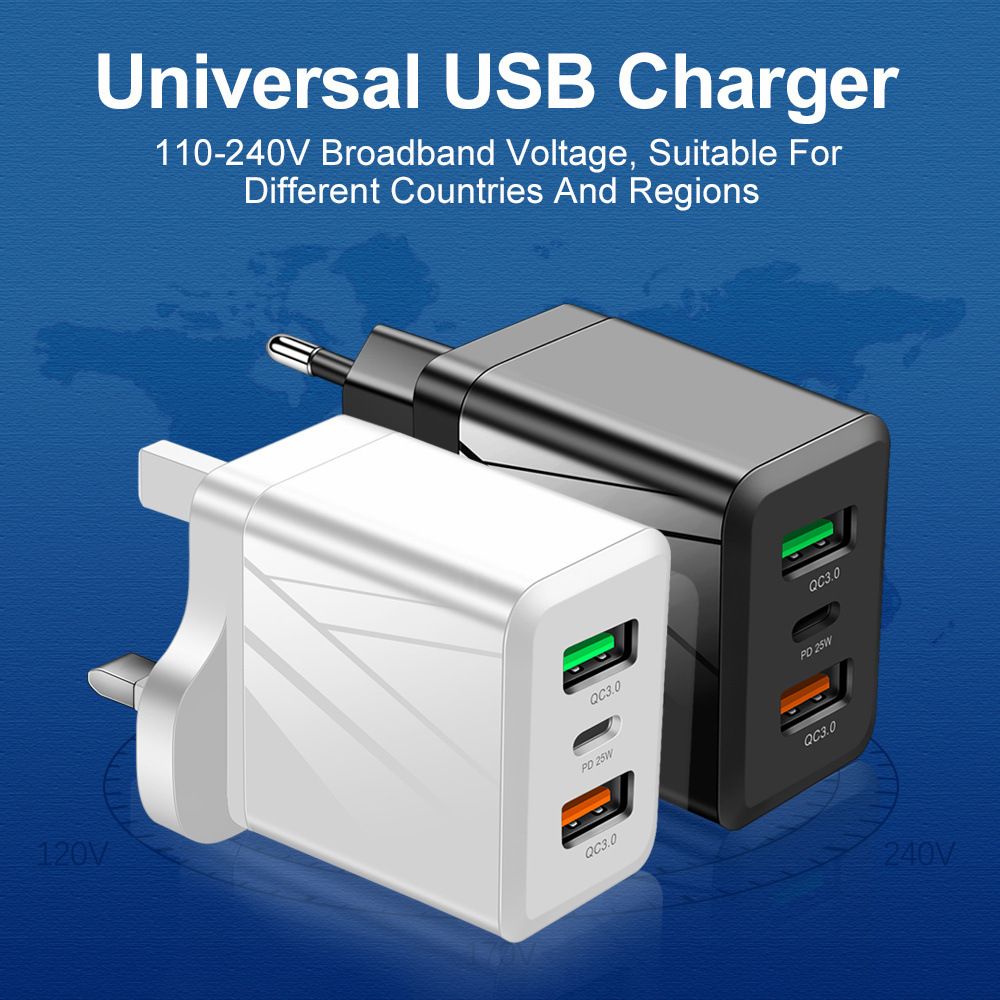 UK Plug Max 45W Universal Fast Charger with 3-Port Smart Shunt QC3.0+PD25W Smart Charging Universal 100-240V Voltage 6 Protections Overload Protection for Phone/Laptop/Tablet