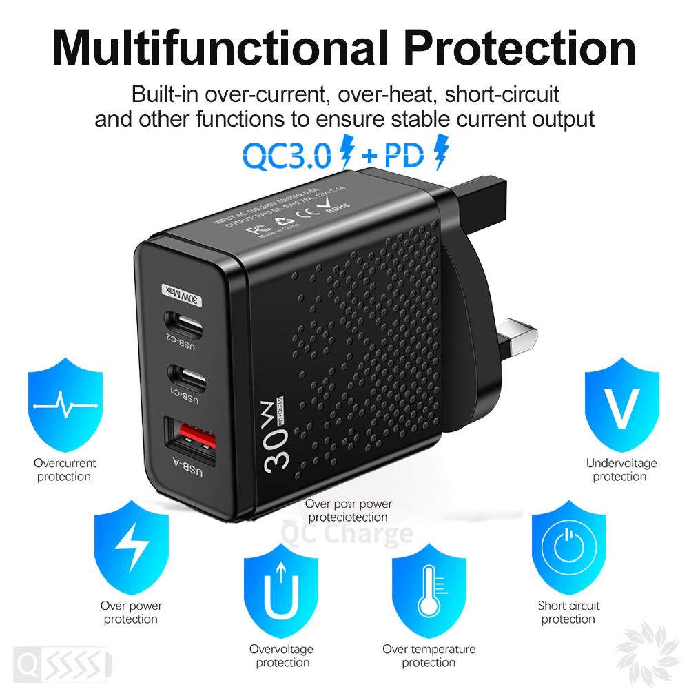 30W Fast Charging USB Wall Charger Adapter UK Standard Plug 3-Port  LED Display Travel Power Adapter for Apple Samsung Android Phones Tablets
