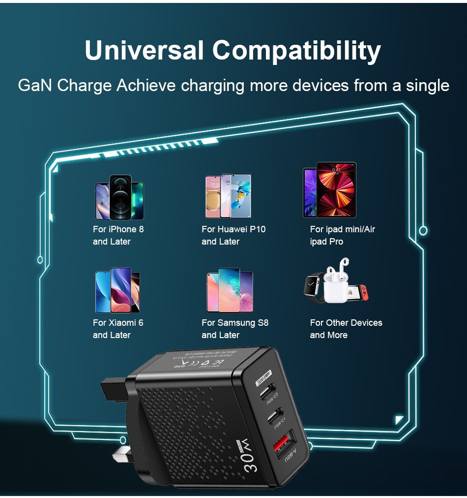 30W Fast Charging USB Wall Charger Adapter UK Standard Plug 3-Port  LED Display Travel Power Adapter for Apple Samsung Android Phones Tablets