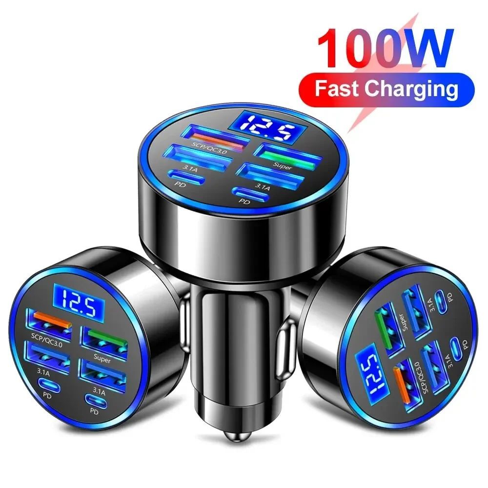 Max 100W Car Charger Fast Charging 2PD+4USB Ports Charger Adapter Compatible with All Devices