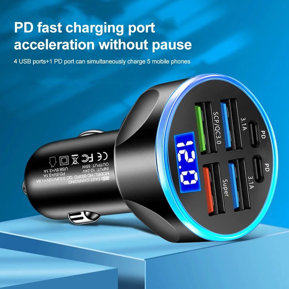 Max 100W Car Charger Fast Charging 2PD+4USB Ports Charger Adapter Compatible with All Devices