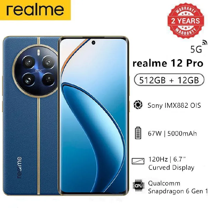 Realme 12 Pro 5G 512GB + 12GB 120Hz 6.7'' 3D Curved Snapdragon 6 Gen 1 50MP 67W 5000mAh Android 14 Type-C Dual Sim Side Fingerprint Smart Phones