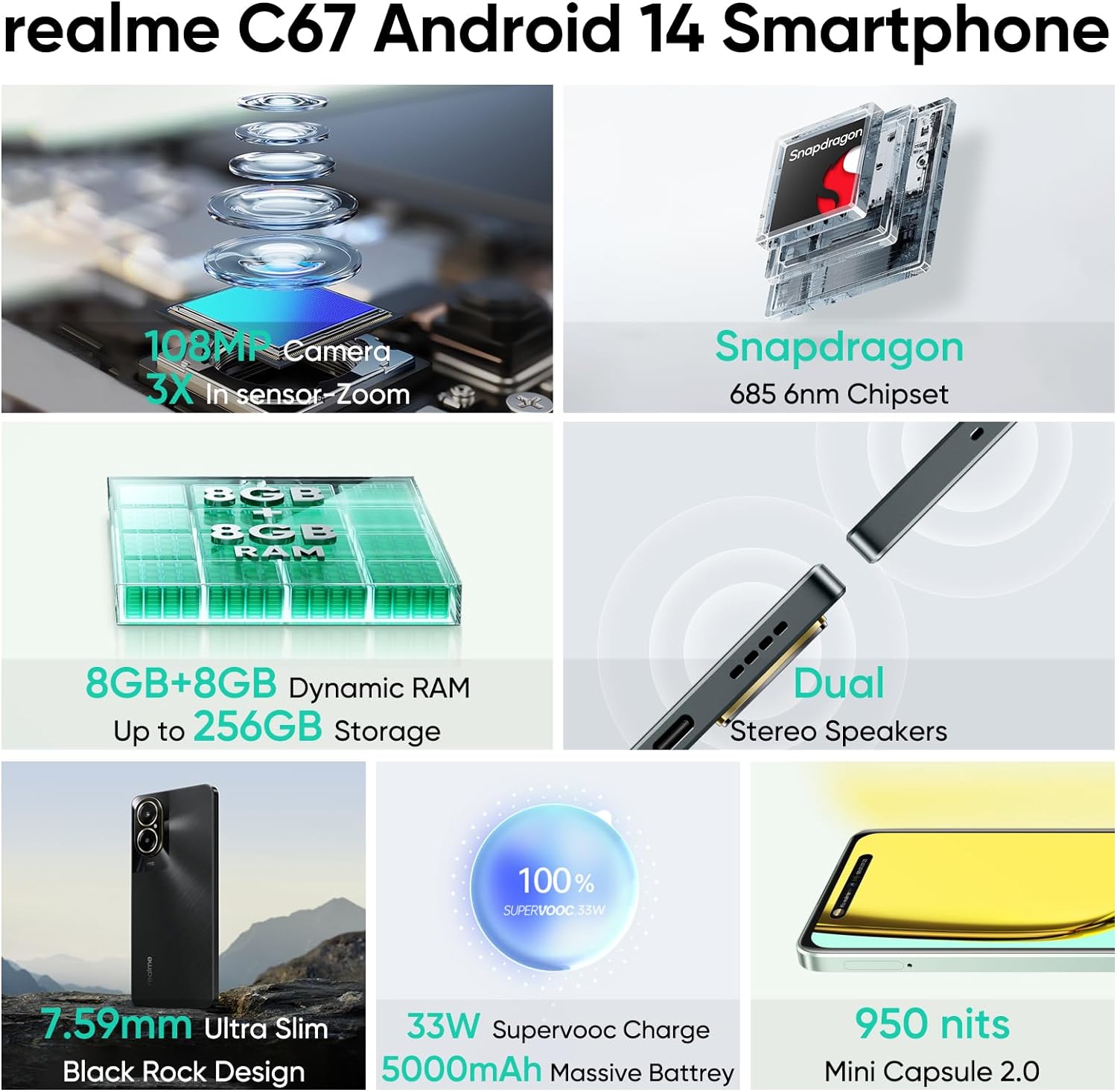 Realme C67 256GB +16(8+8)GB RAM 108MP Camera 6.72'' 90Hz 33W 5000mAh Dual Speakers Android 14 Dual SIM Smart Phones Side Fingerprint phone