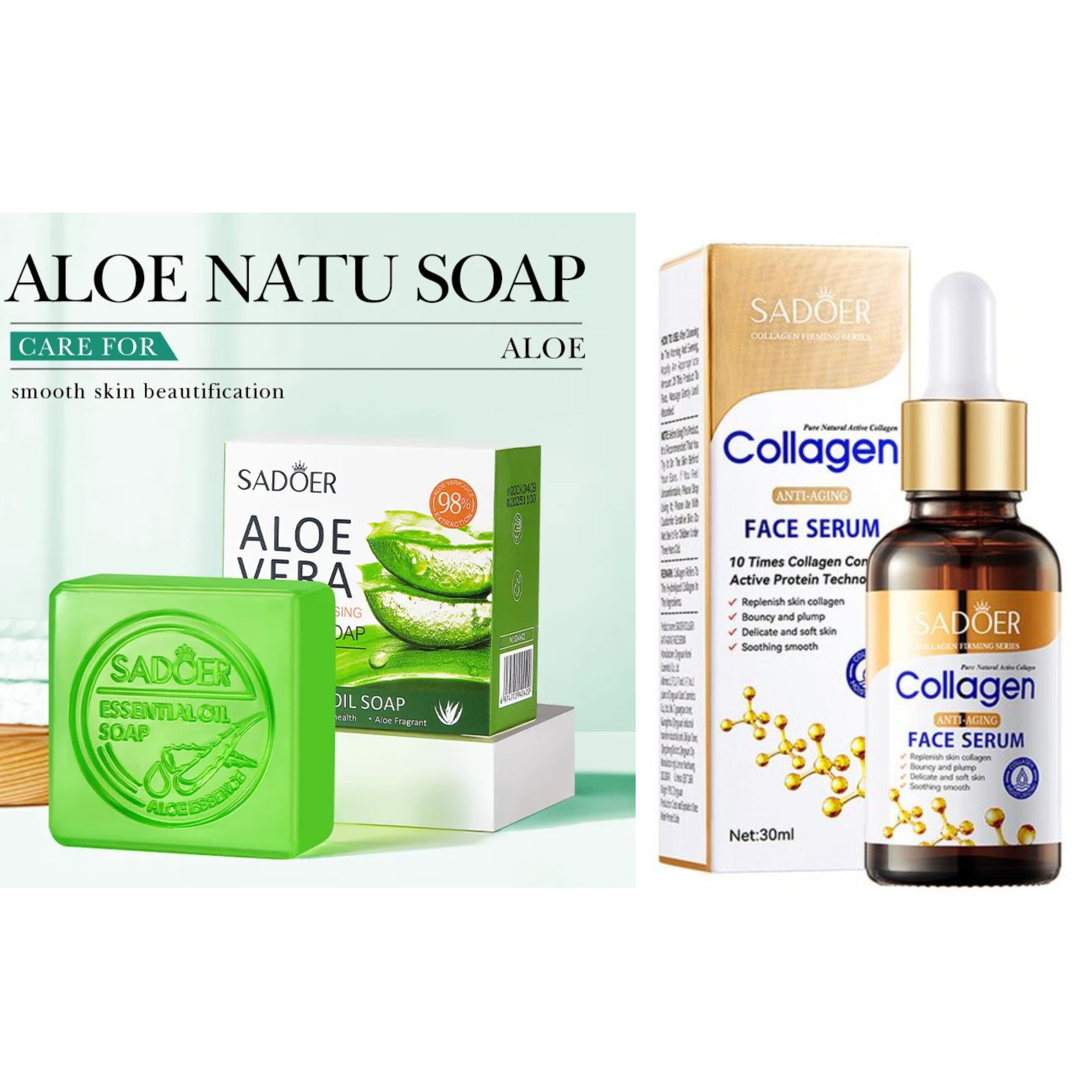 2 in 1, Collagen Serum + Aloe Vera Smoothening Soap, Collagen Snail Serum and Aloe Vera Soap Can add Vitamin C Clean Skin, Anti Bacterial Properties, Anti Aging, Skin Firming, Moisturizing, smooth