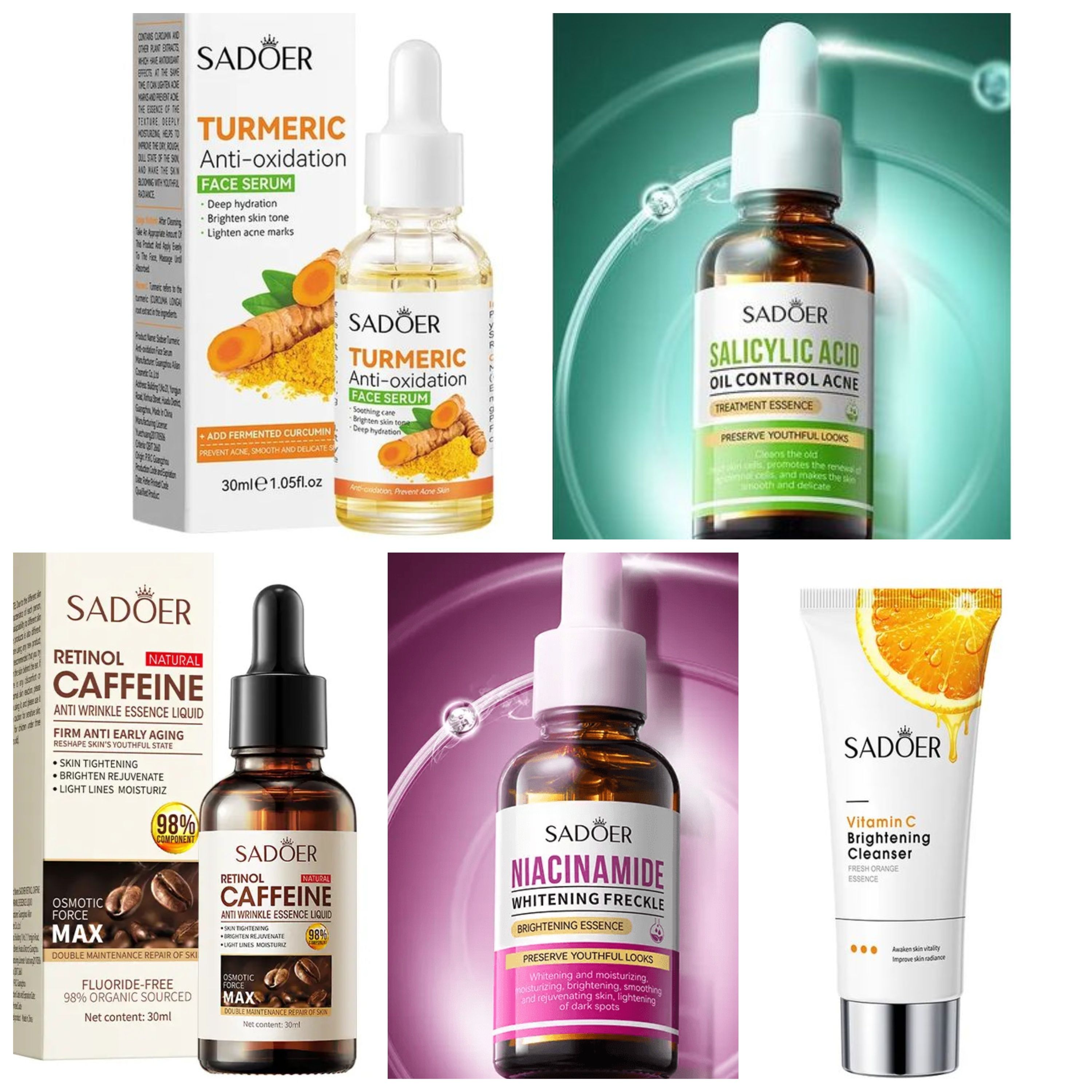 5 in 1, Vitamin C Face Cleanser + Tumeric Serum Turmeric + Niacinamide Brightening Essence + Salicylic Acid Acid Acne Treatment Essence + Anti Aging Retinol Caffeine Serum, Brightens Skin, Moisturi