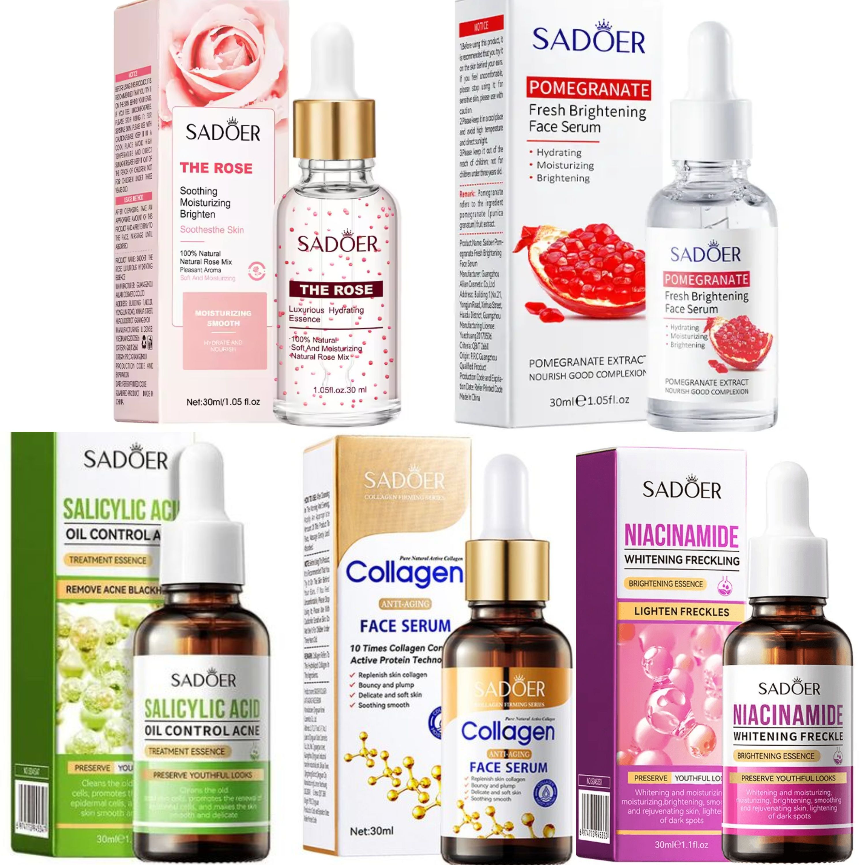 5 in 1, Salicylic Acid Acne Treatment Essence +Rose Water Essence+ Pomegranate Face Brightening Like Vitam C Serum+  Anti Aging Collagen + Nioacinamide Serum, Anti Acnes, Pimples, Moisturize Skin, S