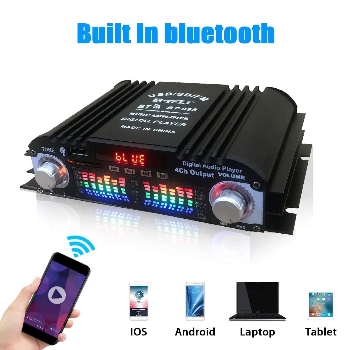1600W Peak Power HiFi Sound Amplifier Digital 4 Channel Audio Amplifier Bluetooth Karaoke Player FM Radio Support Remote Control