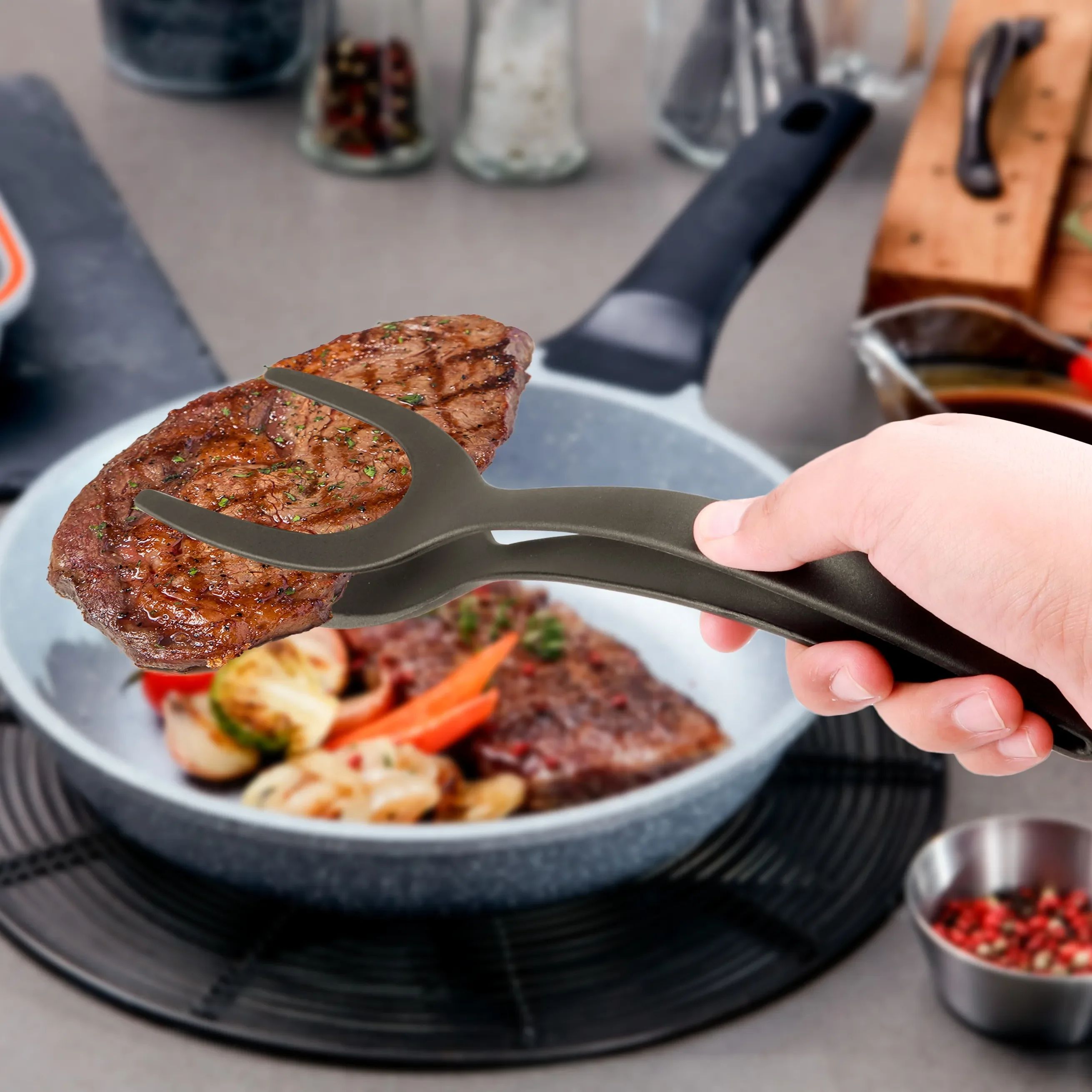 2 In 1 Nylon Grip Flip Tongs Egg Spatula Tongs Cooking Utensils Steak Spatula Tongs Clamp Pancake Fried Turners Kitchen Accessories