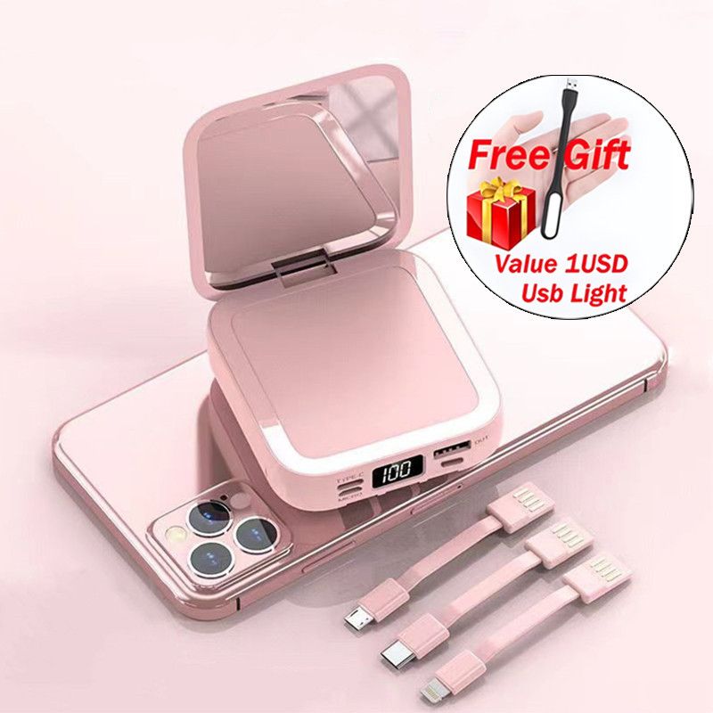 LED powerbank Digital Display 10000Mah Mini Makeup Mirror with LED Digital Mirror Built-in Removable 3 Cable Mobile Power Bank