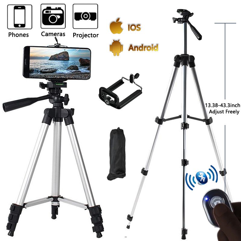 1.1M Camera Phone Tripod Selfie Stand Portable Adjustable Stand Mount Smartphone Holder Clip Control Live Video Youtube Photography Lightweight-Black