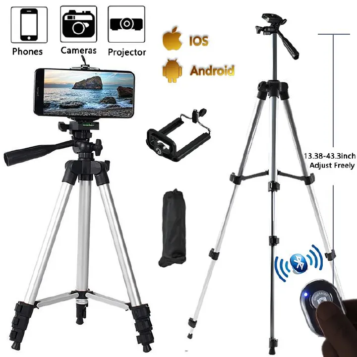 1.1M Camera Phone Tripod Selfie Stand Portable Adjustable Stand Mount Smartphone Holder Clip Control Live Video Youtube Photography Lightweight-Black