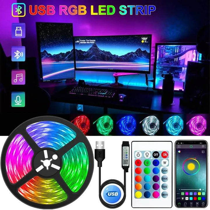 USB LED Strip Lights, TV Backlight, 24 Keys Remote SMD 5050 TV LED Backlight with Color Changing Mobile Bluetooth for Gaming Bedroom Party Kitchen Christmas decration