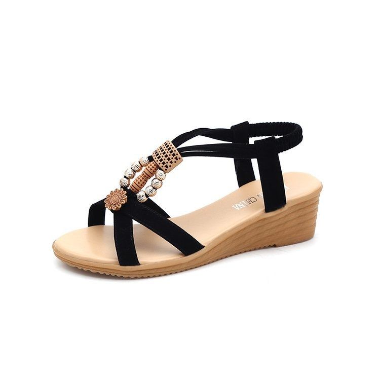 ASSKLO Women's sandals slope heel sandals shoes Wedges beaded girl's shoes ladies shoes open toe sandals middle heel Bohemian slope heel fish mouth shoes Casual Shoes 【Choose 1 size larger than 】