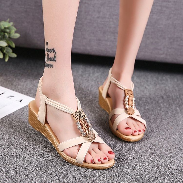 ASSKLO Women's sandals slope heel sandals shoes Wedges beaded girl's shoes ladies shoes open toe sandals middle heel Bohemian slope heel fish mouth shoes Casual Shoes 【Choose 1 size larger than 】