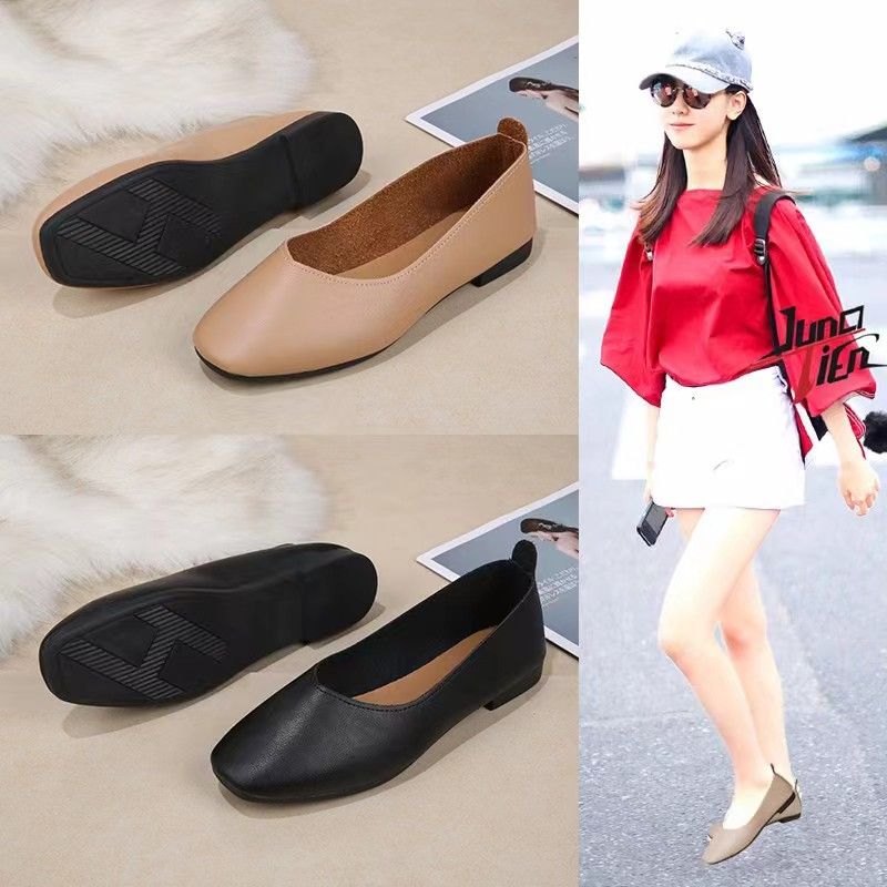 ASSKLO Women's flats leather shoes new walking casual PU leather soft leather women's retro flat shoes square toe shallow beanie shoes lazy shoes soft and comfortable