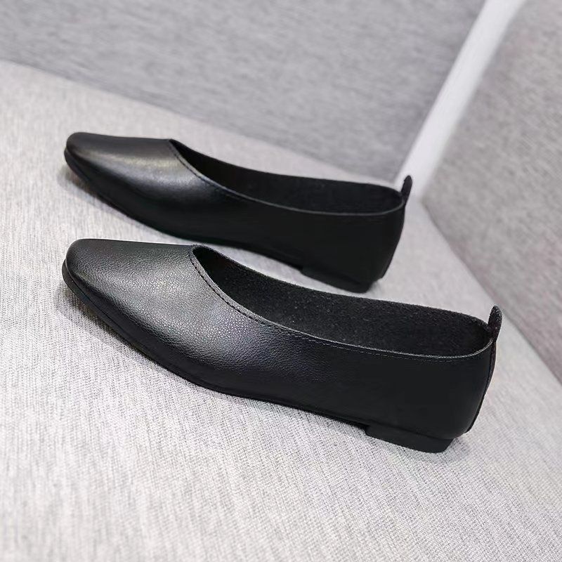 ASSKLO Women's flats leather shoes new walking casual PU leather soft leather women's retro flat shoes square toe shallow beanie shoes lazy shoes soft and comfortable
