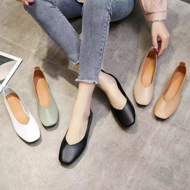ASSKLO Women's flats leather shoes new walking casual PU leather soft leather women's retro flat shoes square toe shallow beanie shoes lazy shoes soft and comfortable