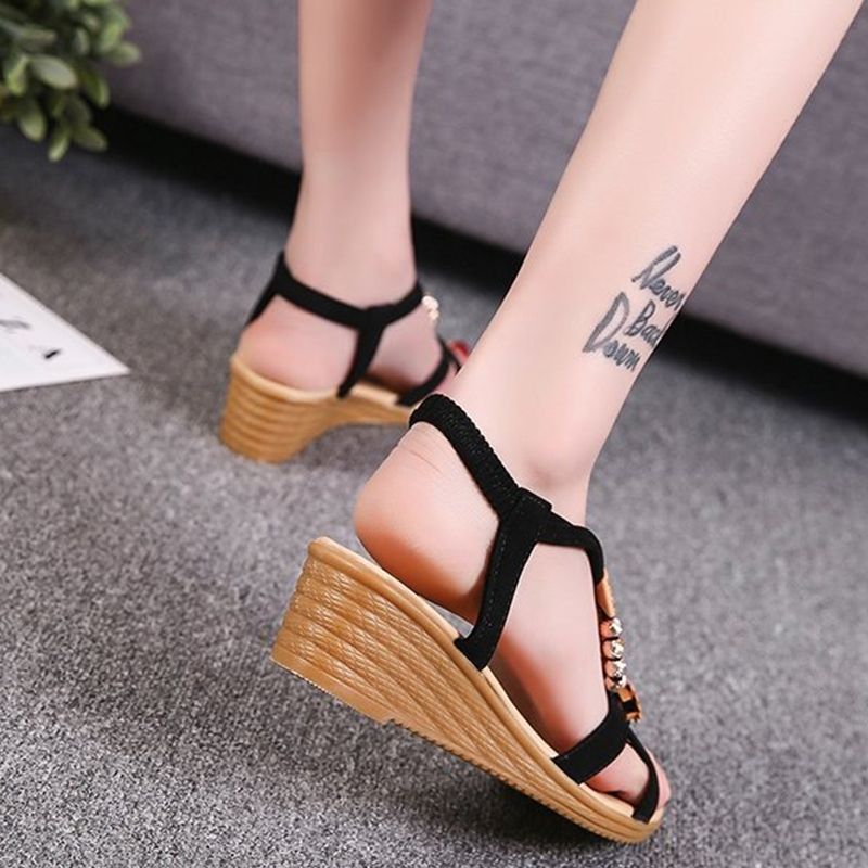 ASSKLO Women's sandals slope heel sandals shoes Wedges beaded girl's shoes ladies shoes open toe sandals middle heel Bohemian slope heel fish mouth shoes Casual Shoes 【Choose 1 size larger than 】