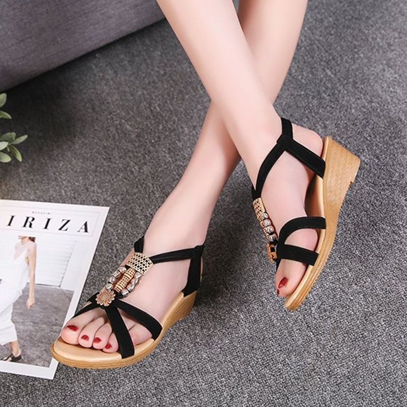 ASSKLO Women's sandals slope heel sandals shoes Wedges beaded girl's shoes ladies shoes open toe sandals middle heel Bohemian slope heel fish mouth shoes Casual Shoes 【Choose 1 size larger than 】