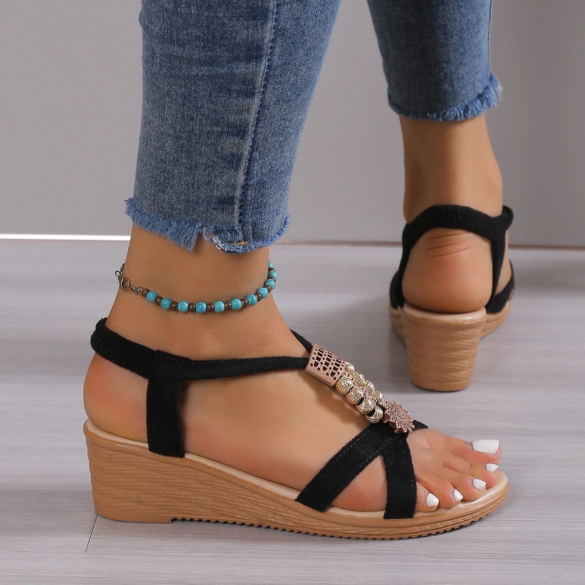 ASSKLO Women's sandals slope heel sandals shoes Wedges beaded girl's shoes ladies shoes open toe sandals middle heel Bohemian slope heel fish mouth shoes Casual Shoes 【Choose 1 size larger than 】
